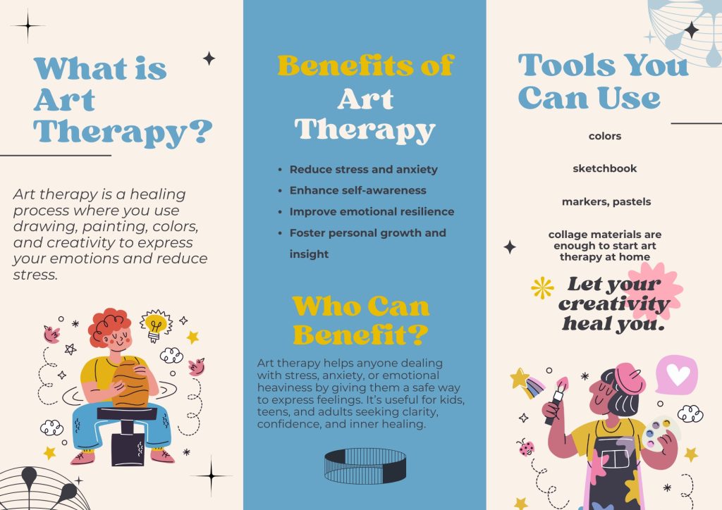 Minimal aesthetic carousel slide showing basic art therapy tools like colors, sketchbook, markers, and a motivational line saying you don’t need to be an artist to begin.