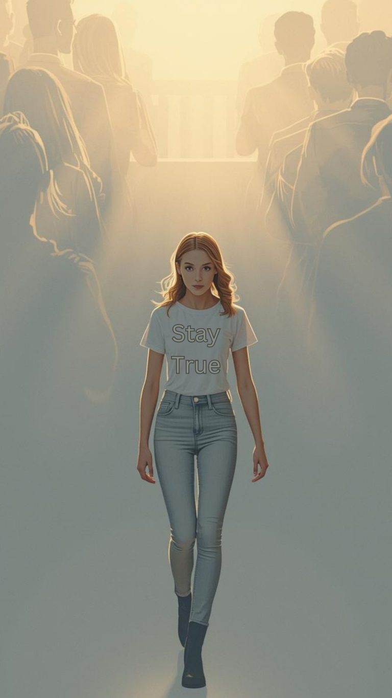 A confident girl walking opposite to a grey crowd showing strength to overcome peer pressure and stay true to herself