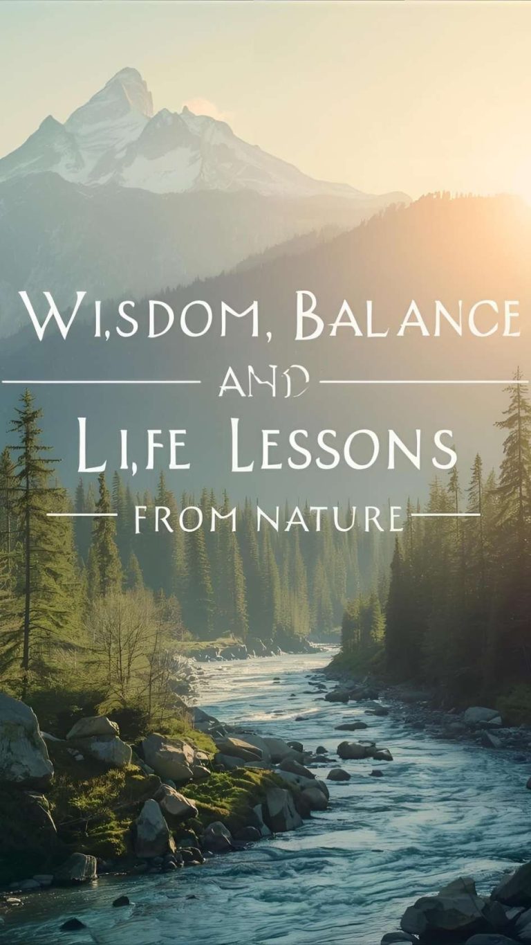 Lessons from nature showing peaceful mountains, flowing river, trees, and sunlight symbolizing life wisdom and inner transformation