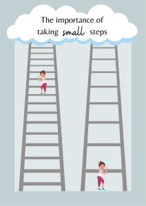 Two people climbing staircase steps on a clock, one moving fast and one slow, symbolizing that success is a process not a race.