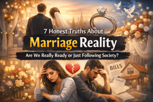 Feature image showing a happy wedding couple at the top and a stressed married couple at the bottom representing the contrast between wedding dreams and marriage reality.